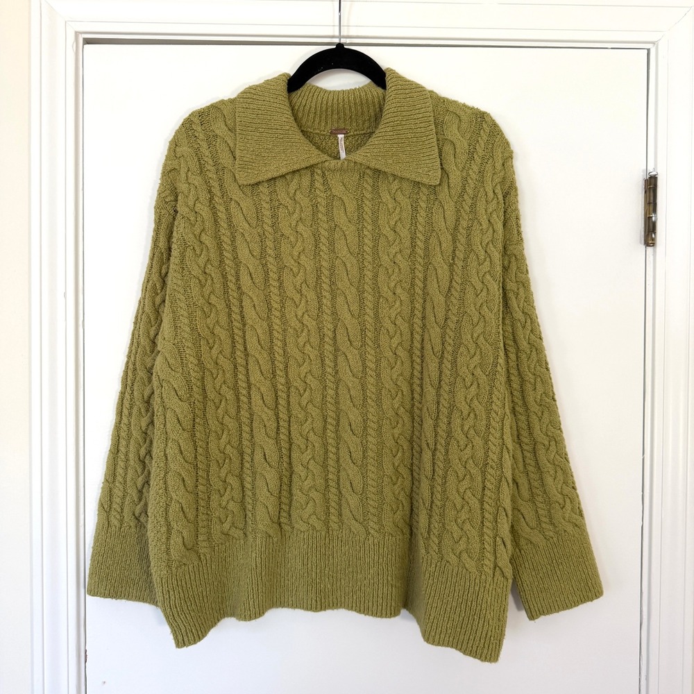 Free People Chartreuse Green Cable Knit Polo Sweater Oversized Medium